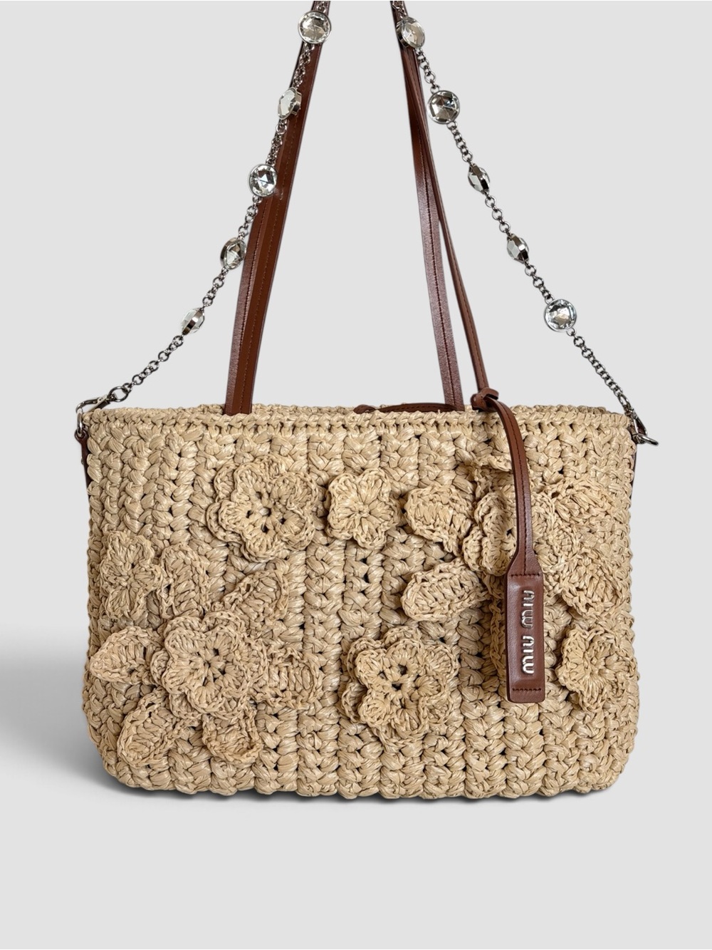 Miu Miu Crochet Floral Raffia Tote Bag